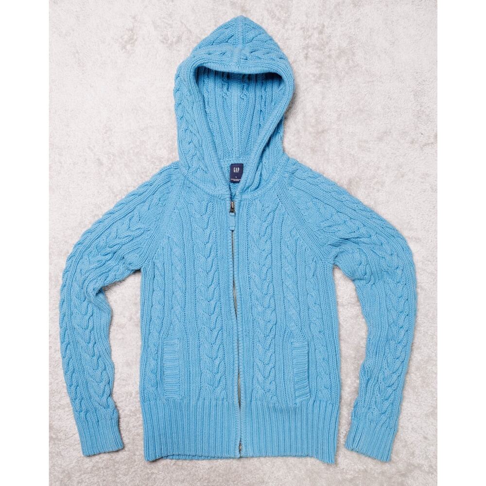 GAP Light Blue Cable Knit Hooded Zip Sweater